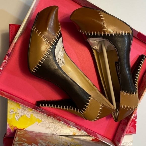 👣CHINESE LAUNDRY🇺🇲 Leather comfort Fit Brown Patchwork Heels footwear in - Picture 5 of 15